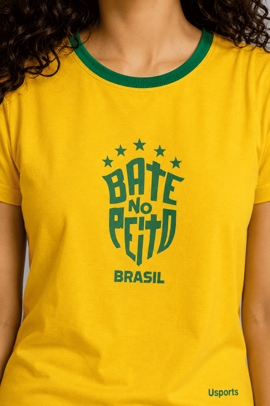 CAMISETA BABYLOOK BRASIL ALGODÃO - Bate no peito