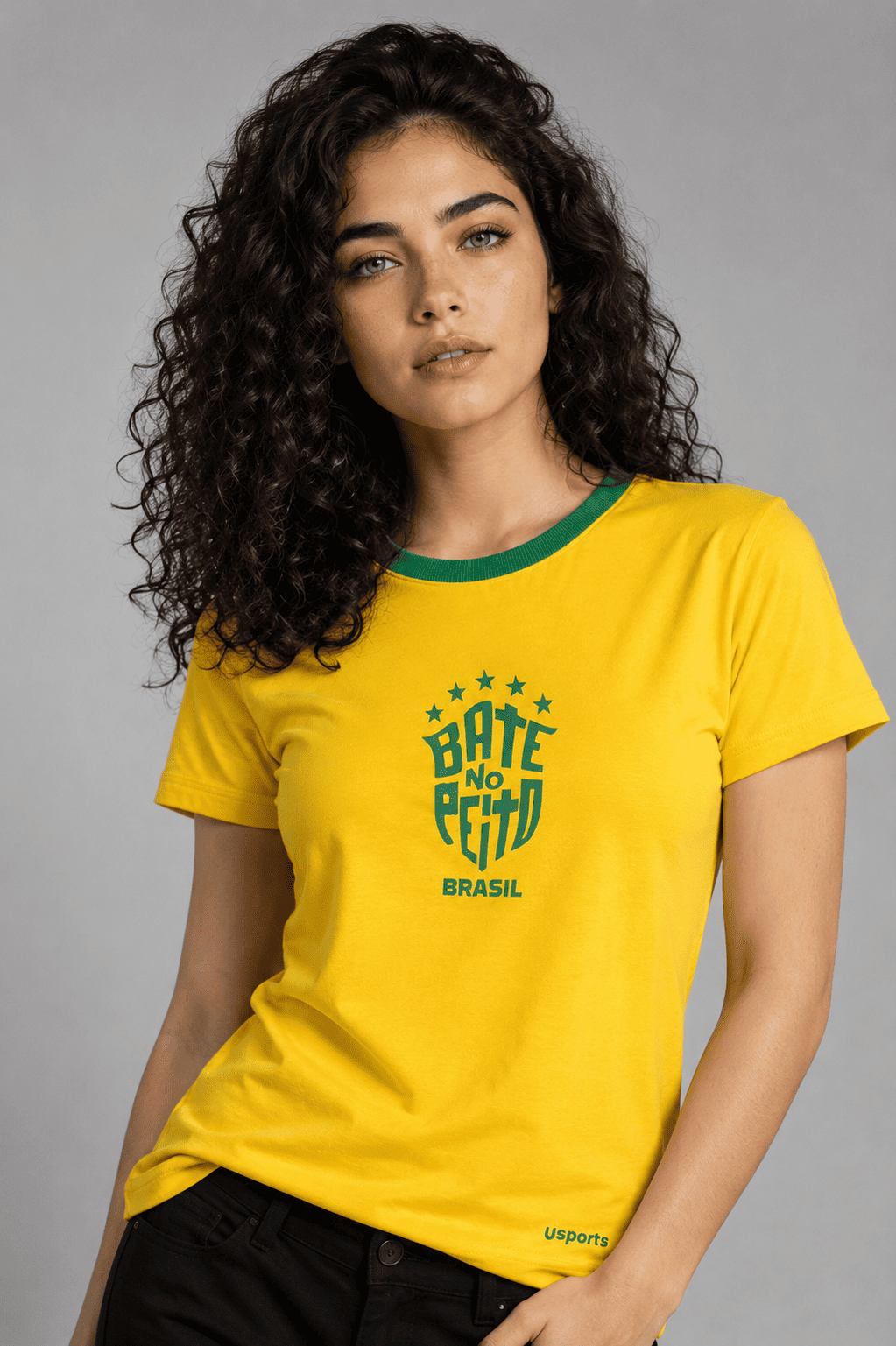 CAMISETA BABYLOOK BRASIL ALGODÃO - Bate no peito